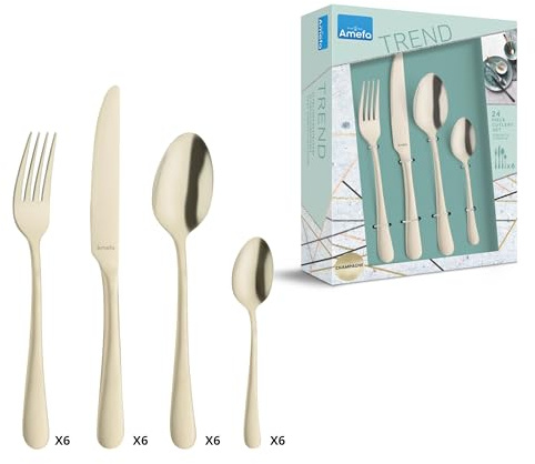 Amefa Austin Champagne 24-Piece Cutlery Set – Stainless Steel Flatware for 6 – Matte Champagne PVD Finish – Table Knives, Forks, Spoons & Teaspoons – Dishwasher Safe