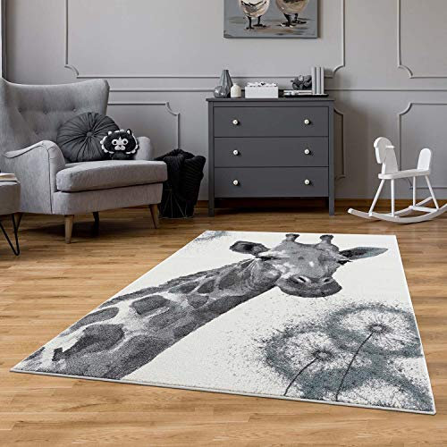 carpet city Teppich Kinderzimmer Creme, Grau - Kinderteppich Tier-Muster Giraffe - 140x200 cm - Kinderzimmerteppiche Jungen und Mädchen - Kurzflorteppich Modern Wohnzimmer Jugendzimmer