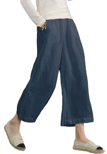 Ecupper Pantalon Femme Taille Elastique Pantalons Large Fluide Pantalon Cargo D'Été 7/8 en Coton