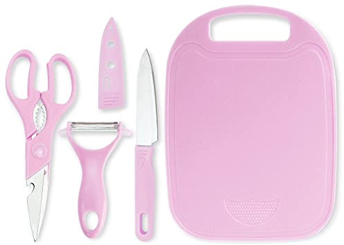 QZDAFFIC Ensemble d'épluchage de cuisine domestique 4 pièces, petit couteau de cuisine avec couvercle, ciseaux en acier inoxydable, planche à découper et éplucheur pour fruits et légumes (Rose)