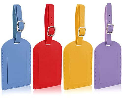 4 Stück Gepäckanhänger Leder, Kofferanhänger Identifikatoren Gepäcketiketten Tags mit Verstellbarem Riemen Datenschutzabdeckung für Koffer Reisen (Lila, Dunstblau, Kurkuma, Rot)