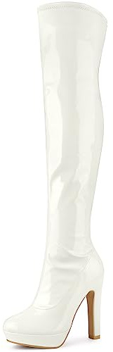 Allegra K Botas altas de charol con plataforma gruesa sobre la rodilla para mujer, White, 38 EU