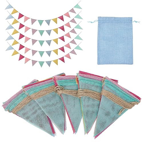 Witgift 5 Stück Wimpelkette Outdoor Wetterfest Girlande Geburtstag und 1 Blauer Sack, wimpelkette Stoff Ideal für Deko Gartenparty Happy Birthday Girlande Deko Einschulung Deko