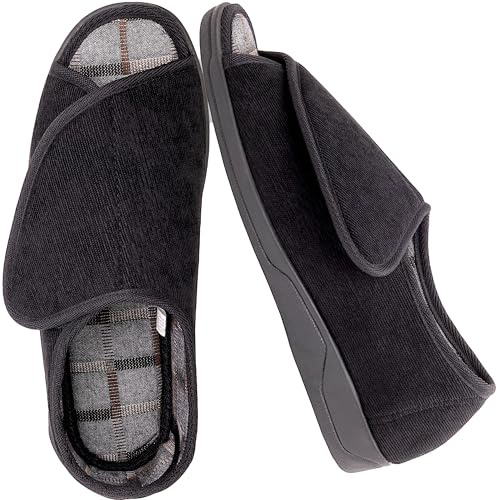 Men's Extra-Wide Furry 80-D Memory Foam Diabetic Slipper with Adjustable Closures,Extra Wide Width Warm Plush Fleece Arthritis Edema Swollen Diabetic House Shoes Machine Washable w/Anti Slip Sole