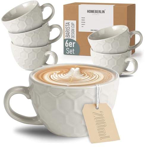HOMEBERLIN Barista Juego de 6 tazas de café de capuchino de 200 ml, juego de tazas de café de alta calidad, 6 tazas de café modernas 100% hechas a mano, de pared gruesa