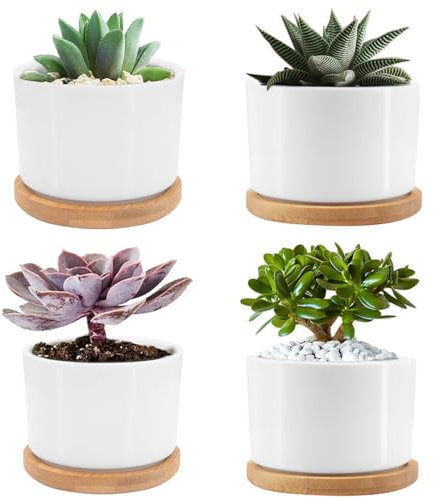Seahelms Maceta pequeña de cerámica de 7,5 cm para suculentas con orificio de drenaje y platillo, macetas de interior perfectas para decoración del hogar y oficina, juego de 4 (sin plantas)