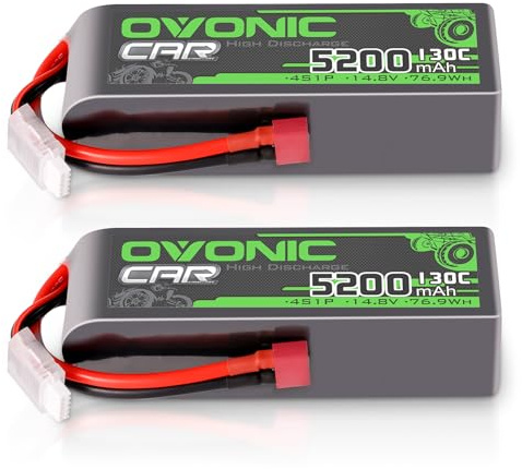 OVONIC Batteria Lipo da 4 s, 14,8 V, 5200 mAh, 130 C, con spina Deans T, batteria Lipo per auto RC, camion, Truggy, quadricottero, elicottero, camion, barca, aereo (2 pezzi)