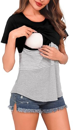 Bresdk amningströja kortärmad mammastopp gravid tunika för amning amning amning t-shirt amning, svart, S