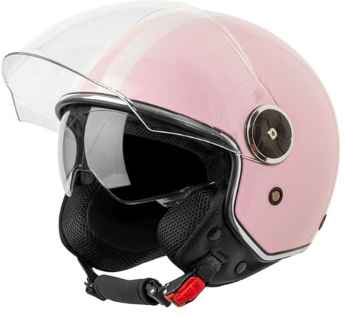 VINZ Arenas Jethelm mit Doppelvisier | Roller Helm mit Streifen & mit Sonnenblende | In Gr. XS-XXL | ECE 22.06 Zertifiziert | Motorradhelm mit Visier | Viele Farben Erhältlich - Rosa