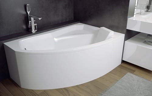 ECOLAM Baignoire d'angle Rima 130x85 cm droite| tablier acrylique | Appuie-tête | pieds siphon + silicone | Set complet