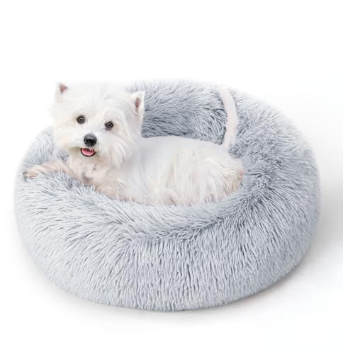 Calming Round Dog Bed & Cat Bed for Indoor Cats, Medium Size Washable Anti-Slip Anti-Anxiety Donut Dog Beds for Small Dogs & Cats, Fluffy Plush Soft Dog Bed(20 Inch, Light Grey)