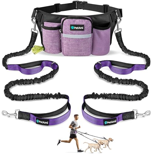 PetAmi Premium Hands Free Dog Leash for 2 Dogs, Adjustable Waist Belt Leash for Dog Walking, Fanny Pack Accessories Bag Dual Bungee Leash for Running, Hiking, Jogging, Biking, Purple