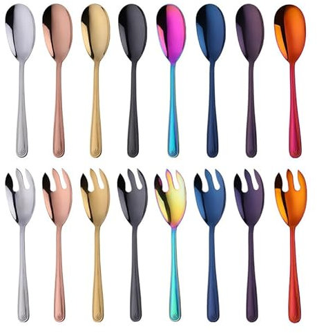 Posate per Insalata in Acciaio Inox, Cucchiaio Forchetta da Bistecca Cucchiaio da Portata in Acciaio Inox, Cucchiaio da Ramen Cucchiaio e Forchetta da Dessert alla Frutta Set (2 Grande)