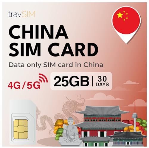 travSIM Kina SIM-kort | 25 GB mobildata | Fungerar på iOS- och Android-enheter | Planen på detta SIM-kort för Kina är giltigt i 30 dagar.
