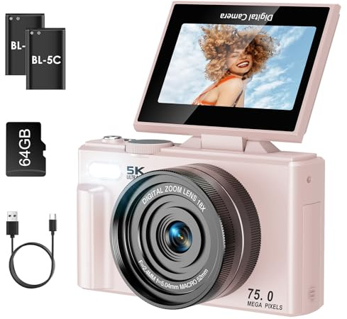 SOPPY 5K Digital Camera with WiFi Transfer, 75MP Vlogging, 18X Zoom & 3 Flip Screen, Auto Focus YouTube Camera, 64GB SD Card Included, Compact for Kids, Teens & Beginners, Pink