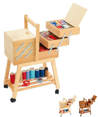 Paluplus Carrello Portacucito in Legno con Ruote, Misura 34x23x57 cm, Cestino a Scaletta a 3 Piani con 5 Scomparti per accessori cucito, sartoria e fai da te, Made in Italy -027F -5,4 (Naturale)
