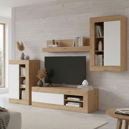 Dmora Parete Attrezzata Oakland 150x41.5x47.5h cm Marrone Rovere 6 Ripiani 3 Ante, 14 Vani