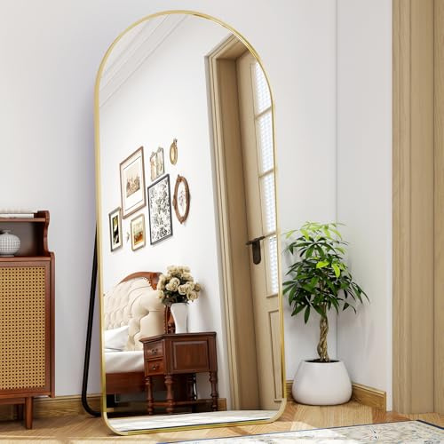 BEAUTYPEAK 171x76 cm Espejo de cuerpo completo curvo con esquinas redondas, gran espejo de cuerpo completo, libre de pie-colgante-inclinable, espejo de suelo, color dorado