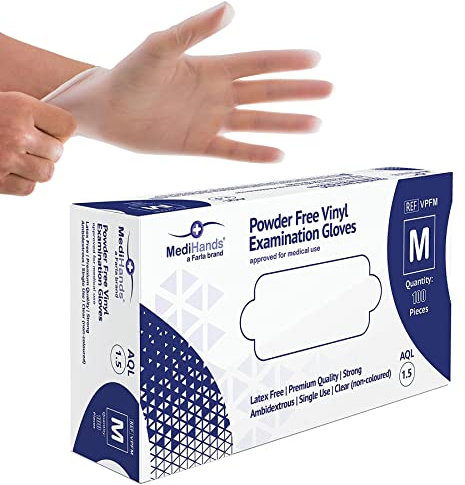 MediHands Vinyl Clear Medium Gloves, Disposable Surgical Gloves, Box of 100, Powder Free, Latex Free, Protein Free, Medical, Food, Multi-Use