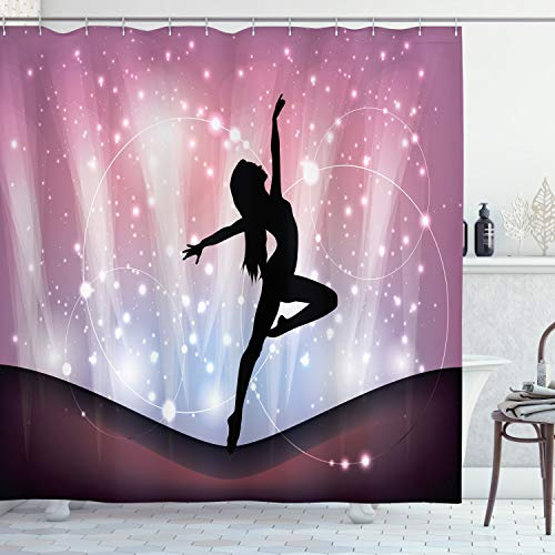 Ambesonne Contemporary Shower Curtain, Silhouette of Ballerina Performing on Abstract Backdrop Magic Dance Fine Arts, Cloth Fabric Bathroom Decor Set with Hooks, 69 W x 75 L, Pastel Purple