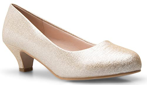 Olivia K Womens Classic Closed Toe Kitten Heel Pumps | Dress, Work, Party Low Heeled (8.5, Champagne Glitter, Numeric_8_Point_5)