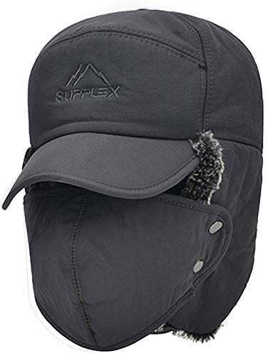 IPENNY Unisex Winter Warm Trapper Hat 3 in 1 Faux Fur Bomber Hat Earflap with Mask Full Face Protective Cover Windproof Trooper Hat Baseball Cap Snow Ski Cap for Cycling Camping Hiking Grey