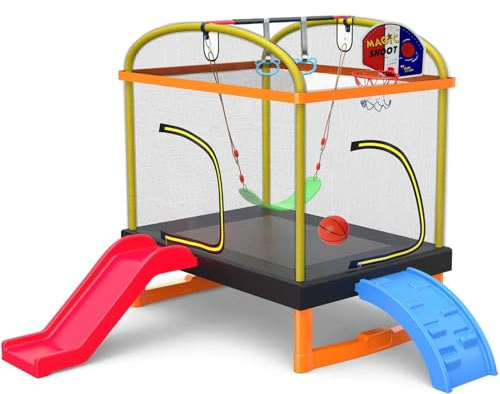 LANGXUN 6.5Ft 7-in-1 Rectangle Trampoline for Kids, with Climb, Slide, Swing, Basketball Hoop, Multi-Functional Indoor Outdoor Baby Toddler Mini Trampoline for Girls and Boys Birthday Gift, Age 1-10