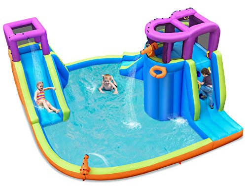 GYMAX Kids Bouncy Castle, Inflatable Water Park with Double Slides, Climbing Wall, Basketball Hoop & 2 Water Cannons, 458x440x236cm Indoor Outdoor Activity Center for 3-10 Years Old