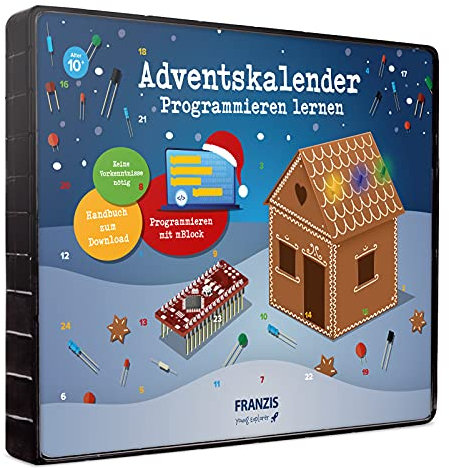 FRANZIS 67344 - Programmieren lernen Adventskalender, 24 Elektronikprojekte rund um ein selbst zu backendes Lebkuchen- oder Salzteighäuschen, für Kinder ab 10 Jahren