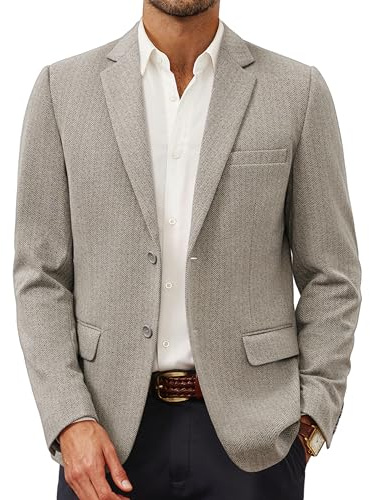 Men's Casual Knit Blazer Jacket Two Button Lightweight Herringbone Sport Coat C-Apricot