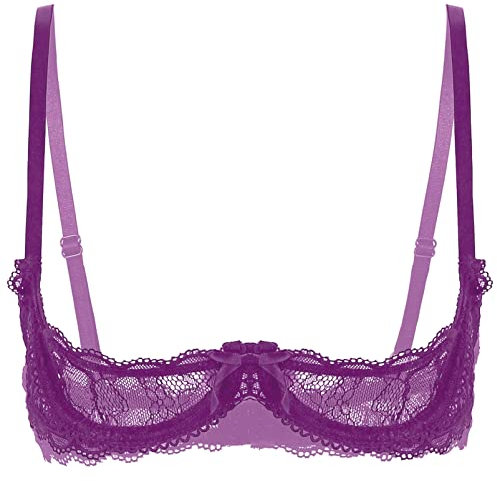 Alvivi Women's Lace 1/4 Cups Push Up Underwired Bra Tops Sexy See Through Sheer Unlined Bralette Underwear Purple M