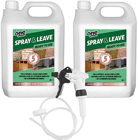 One Chem 2 x 5 Litre Ready To Use Spray and Leave with added Long Hose Trigger Spray - Fencing Patio Decking Driveway - Green Algae and Mould Killer