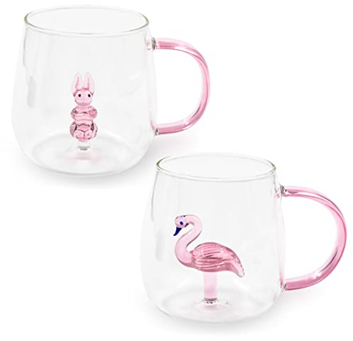 Blümelhuber Uppsättning av 2 flamingo-koppar och kaniner kopp glaskoppar – temugg kontor – cappuccinokoppar – kaffe glasmugg