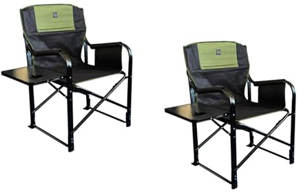 OLPRO Set of 2 Directors Chairs – Green & Black – Folding Camp Chairs for Adults with Table, Cup Holder & Velcro Storage – Strong Directors Furniture for Camping or Garden Use