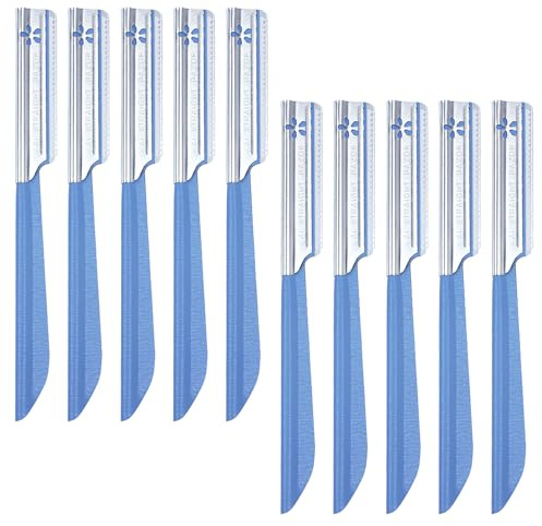 10 Pcs Beard Mustache Straight Edge Razors, Blue Men's Beards Edgers Trimmer Shaping Tool Eyebrow Razor Stainless Steel Blade for Facial Hair Fuzz Remover Hair Shaver, Replacement for Grooming Styling