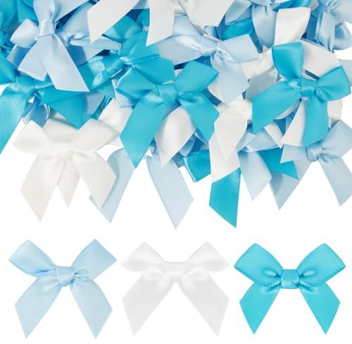 BOFUNX 60pcs Mini Fiocchi Nastro Fiocco in Raso Blu Fiocchi Decorativi con Adesivi per Bomboniere Matrimonio Battesimo Compleanno Artigianato Cucito Fai da Te