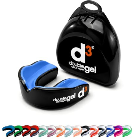 d3 Double Gel Mouthguard wth Case (Black/Blue, Youth (Under 12)) Gum Shield for Boxing, MMA, Contact Sports, Rugby, Martial Arts, Judo, Karate, Hockey
