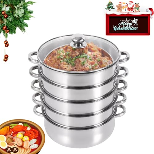 WSIKGHU Dampfgarer Topf 5 Etagen, Mantowarka Induktion Dampfkocher mit Glasdeckel, 26/28/30/32 cm Große Edelstahl Dampf Kochtopf mit 1 Pfanne und 4 Dämpfern - EU Stocks (26cm/10zoll)
