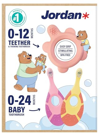 Jordan* | Steg 0 Tandvanta & Tandborste för träning | BPA-fri, hygienisk, 2-i-1 lösning för tandvång & tidig tandborstning för spädbarn | Rosa | 1 tandvanta + 2 Steg 1 Baby tandborste
