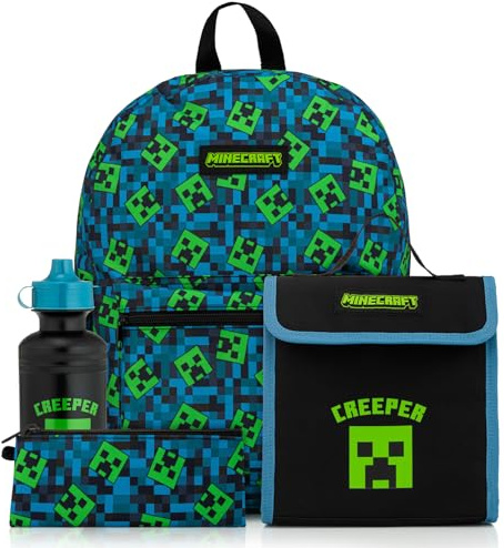 Minecraft Kids Backpack 4 Piece School Set Including Lunch Bag, Water Bottle and Pencil Case (Green)