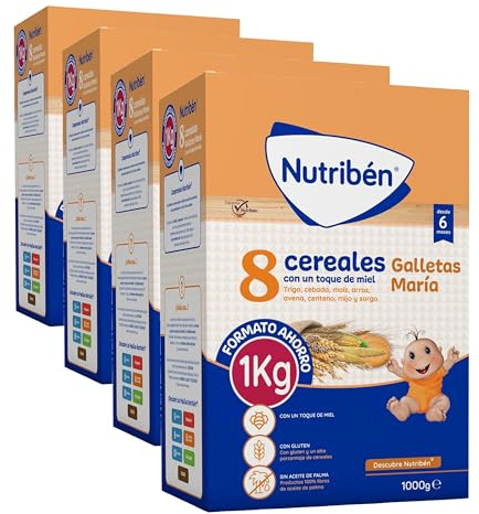 Nutribén Papilla 8 Cereales con un Toque De Miel y Galletas María, 1000g, Sin azúcares añadidos, Sin Aceite de Palma, Alimento para Bebés, desde los 6 Meses (Paquete de 4)