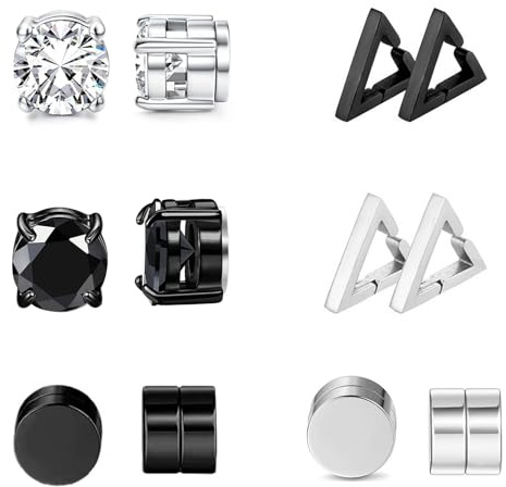 JENCVNL 4 Paires Boucle d'Oreille Aimantée Femme Homme Boucles d'Oreilles Magnétique Acier Inoxydable Fausse Boucle D'Oreille Zircone Homme (Noir+Argent-8mm-6 Paires)