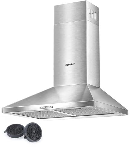 COMFEE' 60 cm Chimney Cooker Hoods Class A++ Stainless Steel Extractor Hood with LED and Recirculating & Ducting System Wall Mounted Hood 600 mm with Carbon Filters