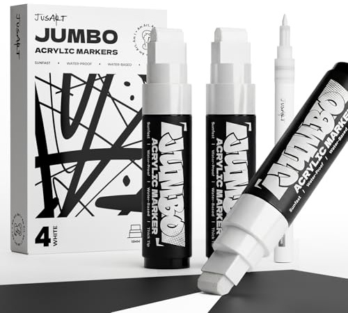 JusArt 4 Pcs White Jumbo Poster Marker Set, 15mm and 0.7mm Tip | Permanent Acrylic Paint Pen for Large Banners and Signs, Thick Markers for Fabric, Metal, Wood, Rock, Glass, Water-Based