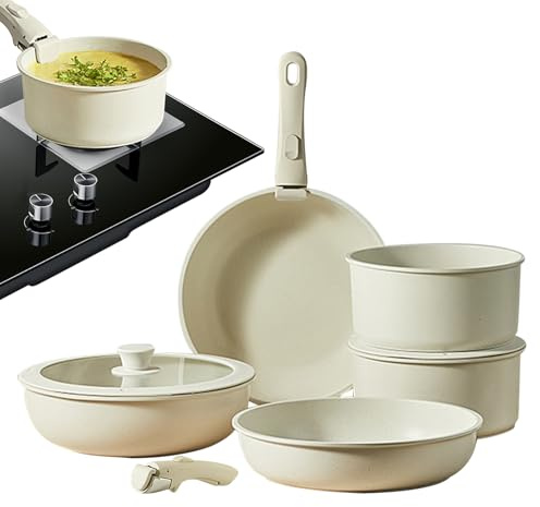 Safe Panspots-set, induktionskokkärl kastruller för matlagning non-stick-matlagning, köksset med avtagbart handtag, krämvit, för stekpannor