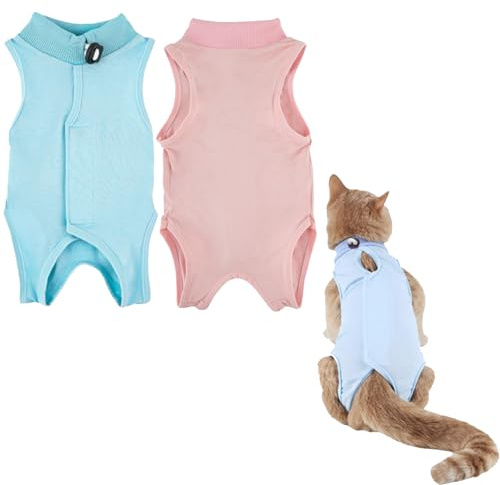 2 Pezzi Recovery Suit,Body Post Operatorio Gatto,Impedire Leccare Tuta professionale per degenza per gatti ideale per ferite addominali o malattie (M, blu rosa)