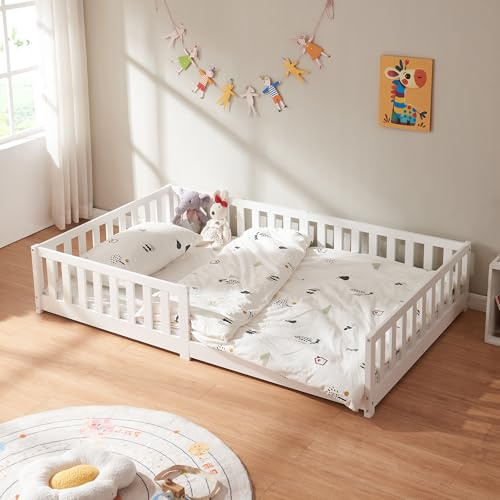 [en.casa] Kinderbett Tanna Bodenbett 120 x 200 cm Holzbett für Kinder mit Rausfallschutz Montessori Bettgestell mit Lattenrost Kiefernholz Weiß