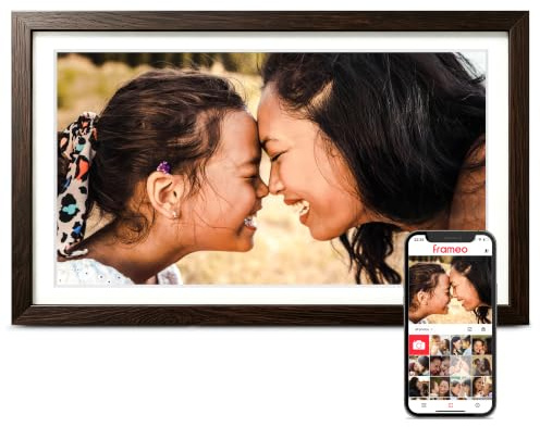 Digital bildram, Frameo 15,6 tum stor digital fotoram WiFi, 1920 x 1080 IPS FHD-pekskärm, 32 GB lagring, omedelbar dela fotovideo, present till mamma (15,6 tum svart valnöt träfiber 32 GB)