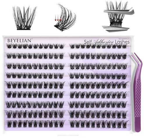 BEYELIAN Self Adhesive Lashes Clusters 200Pcs, Pre Glued Eyelashes D Curl 10-16mm Press On Lashes with Tweezer, No Glue Needed DIY Lash Cluster Kits A14