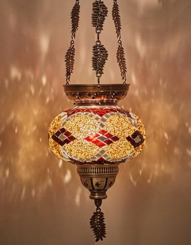 DEMMEX Turkisk marockansk färgglad mosaik bohemisk boho hängande ljushållare lykta med handgjord färgglad glasglob och metallbladkedjor, 61 cm (brun terapi)